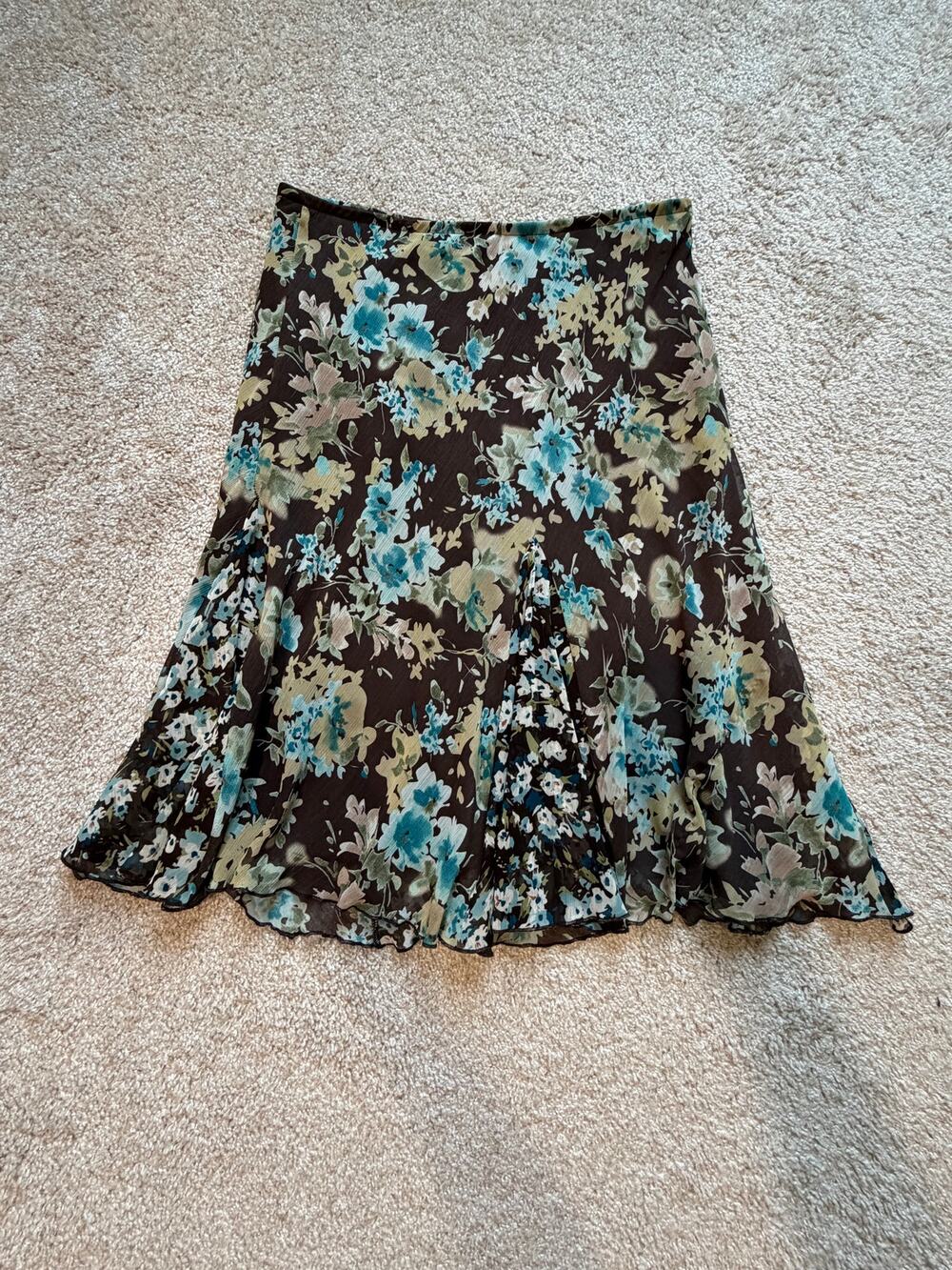 Briggs New York Brown Blue Floral Godet Midi Skirt Flowy Cottagecore Fairy